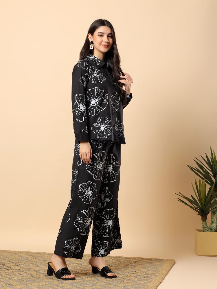 Women Black Plain Cotton Shirt  Trouser Set