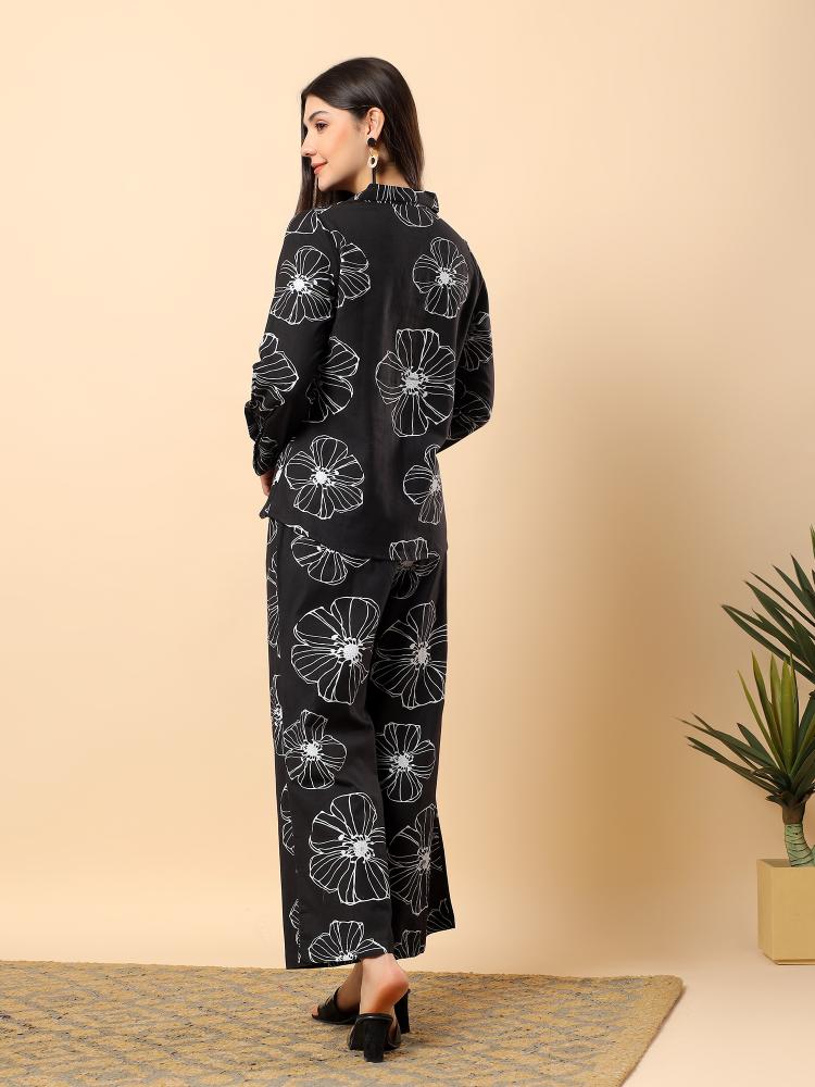 Women Black Plain Cotton Shirt  Trouser Set