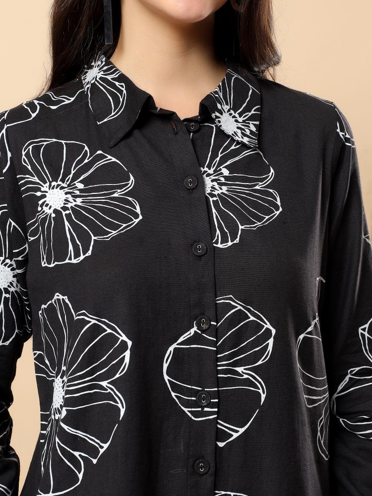 Women Black Plain Cotton Shirt  Trouser Set