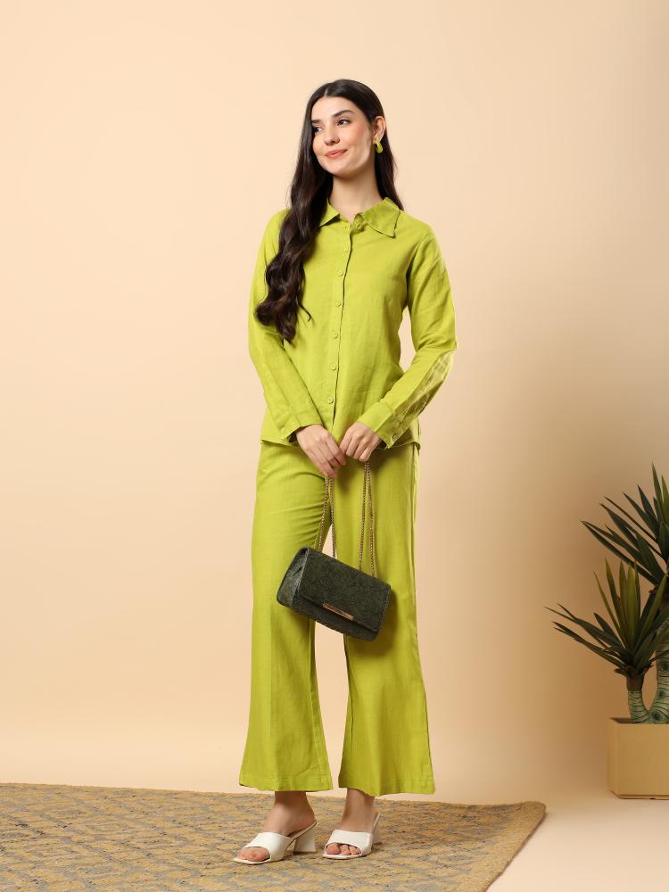 Women Green Plain Cotton Shirt  Trouser Set