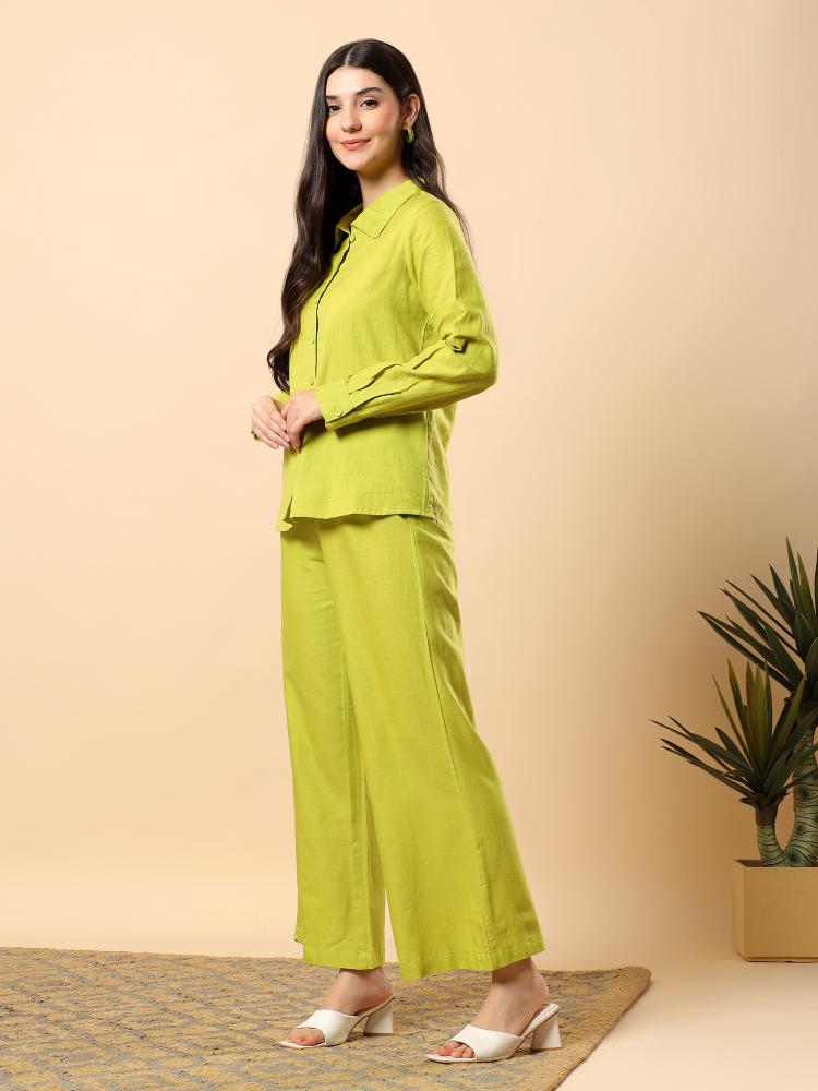 Women Green Plain Cotton Shirt  Trouser Set
