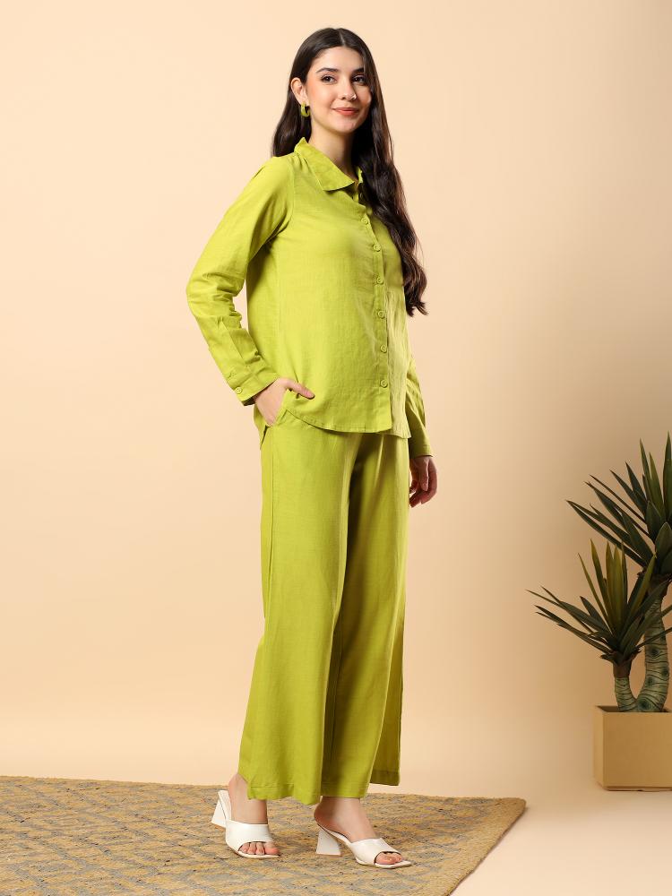 Women Green Plain Cotton Shirt  Trouser Set