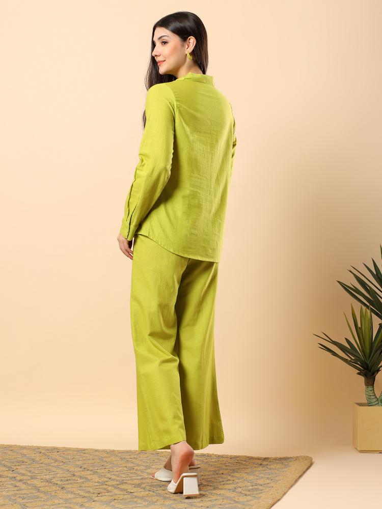 Women Green Plain Cotton Shirt  Trouser Set