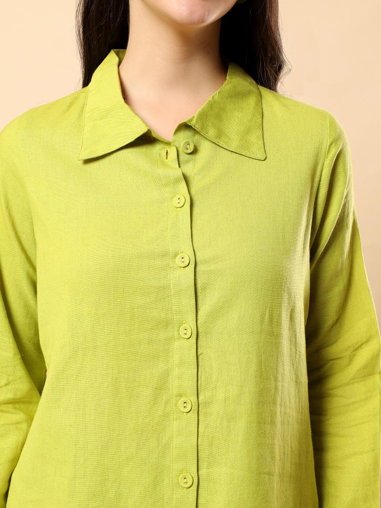 Women Green Plain Cotton Shirt  Trouser Set