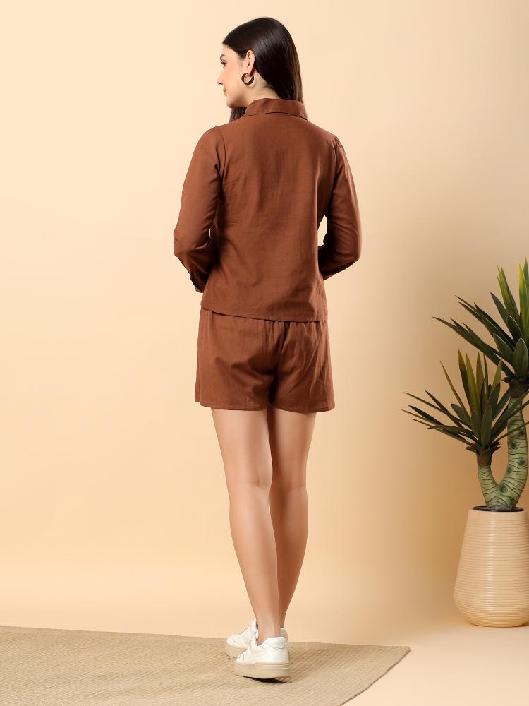 Women Coffee Plain Cotton Shirt  Shorts set