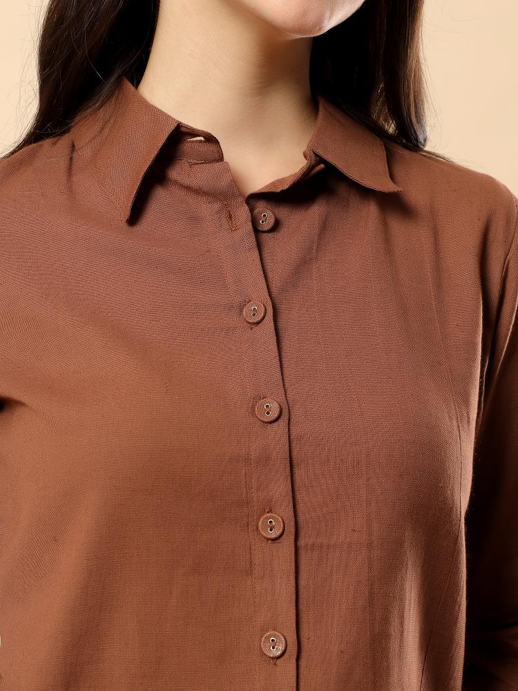Women Coffee Plain Cotton Shirt  Shorts set