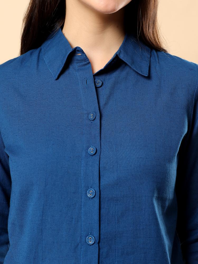 Women Blue Plain Cotton Shirt  Shorts set