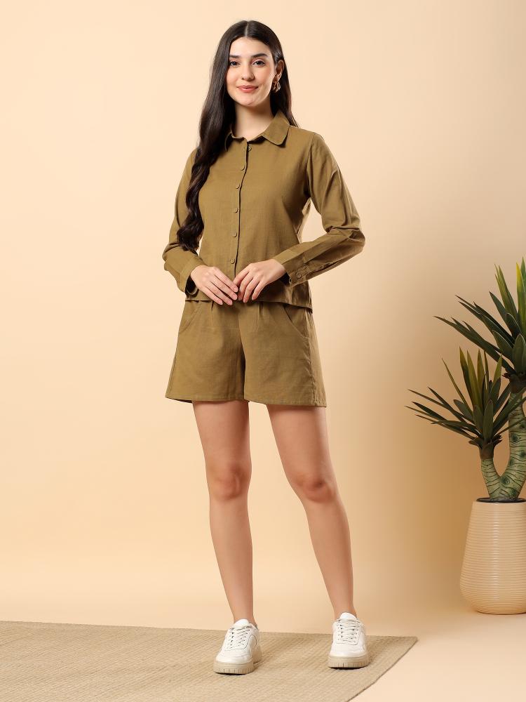 Women Green Plain Cotton Shirt  Shorts set
