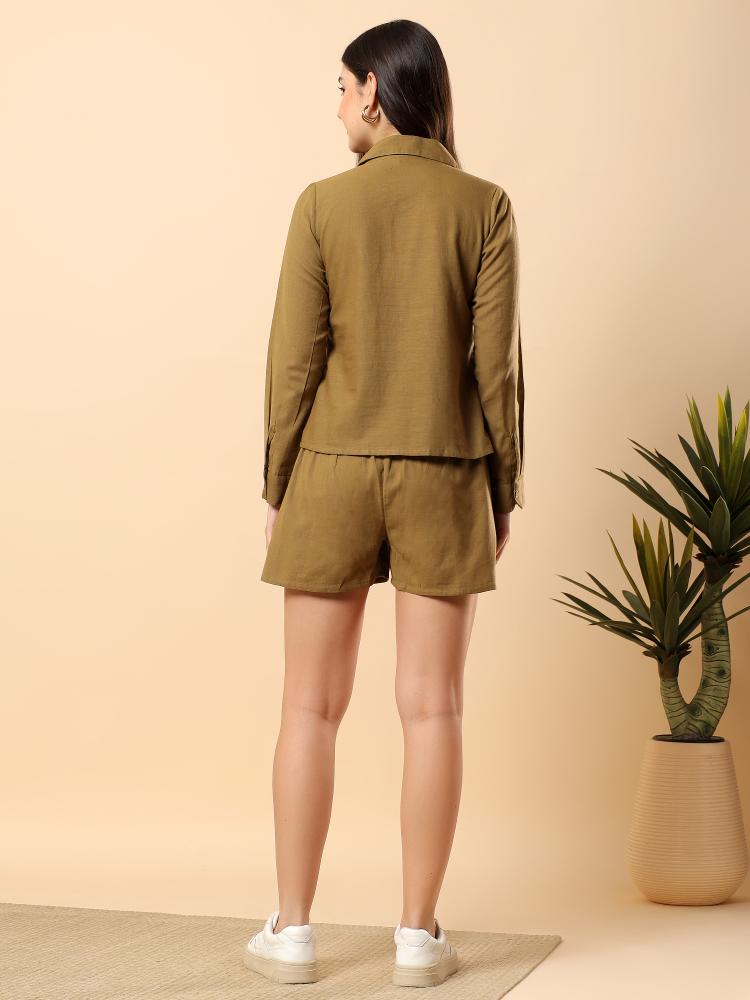 Women Green Plain Cotton Shirt  Shorts set