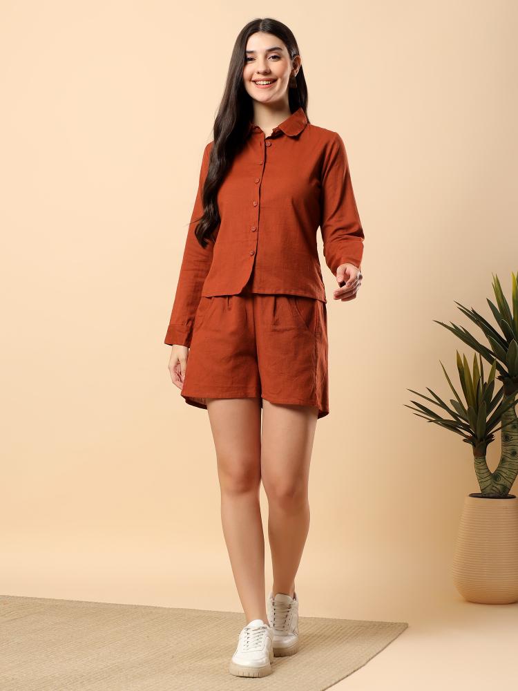 Women Brown Plain Cotton Shirt  Shorts set