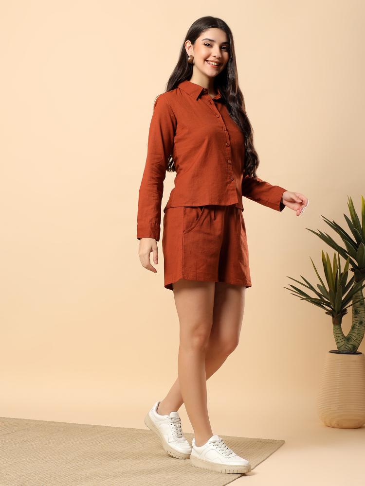 Women Brown Plain Cotton Shirt  Shorts set