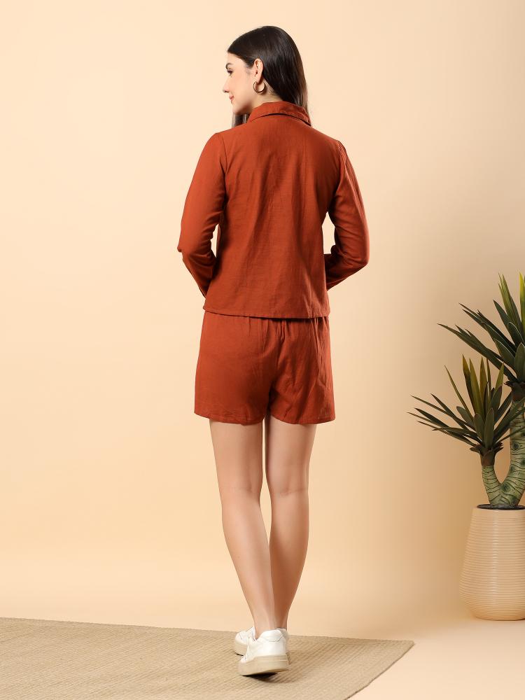 Women Brown Plain Cotton Shirt  Shorts set