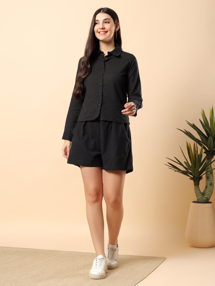 Women Black Plain Cotton Shirt  Shorts set