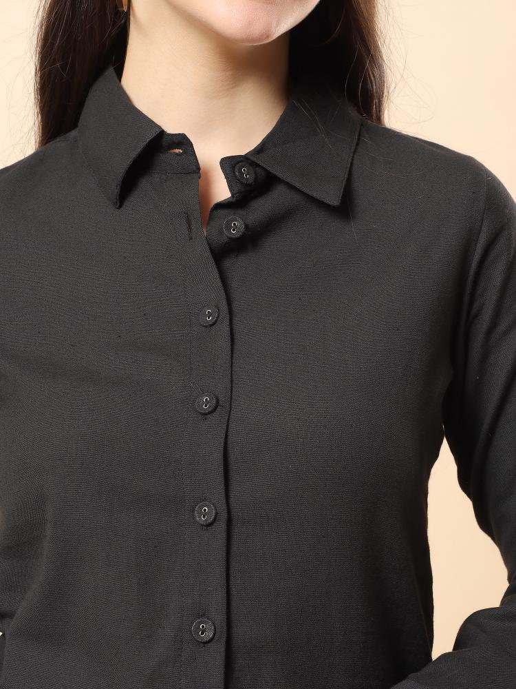 Women Black Plain Cotton Shirt  Shorts set