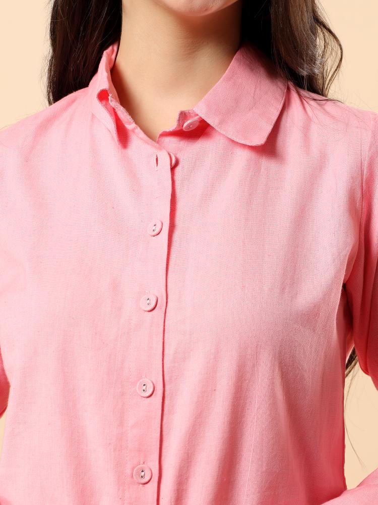 Women Pink Plain Cotton Shirt  Shorts set