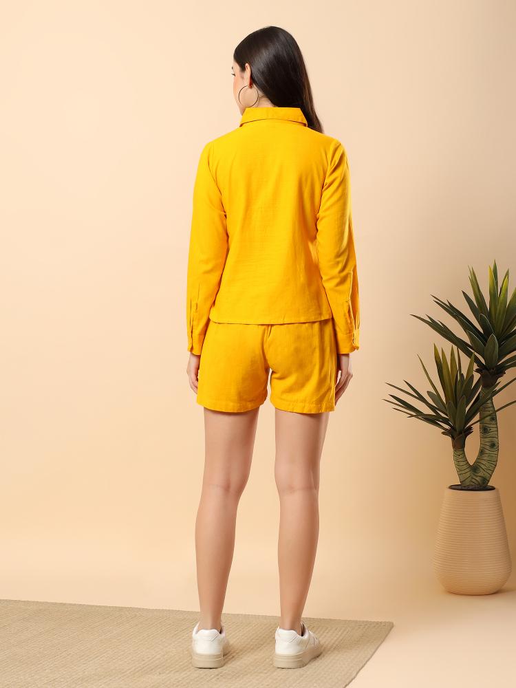Women Yellow Plain Cotton Shirt  Shorts set