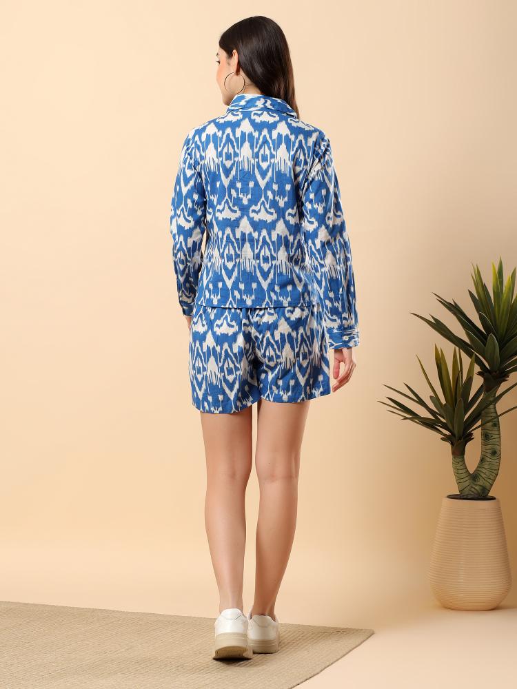 Women Blue Plain Cotton Shirt  Shorts set