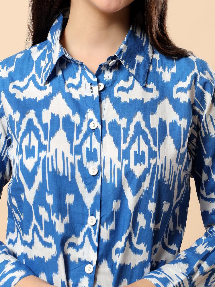 Women Blue Plain Cotton Shirt  Shorts set