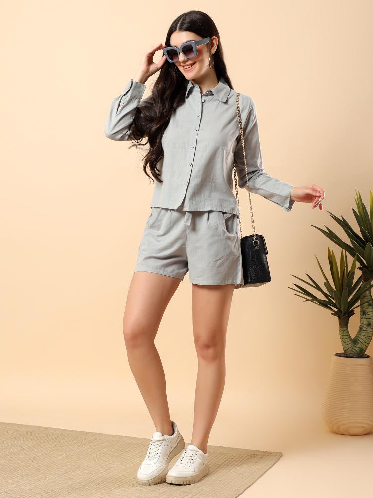 Women Grey Plain Cotton Shirt  Shorts set