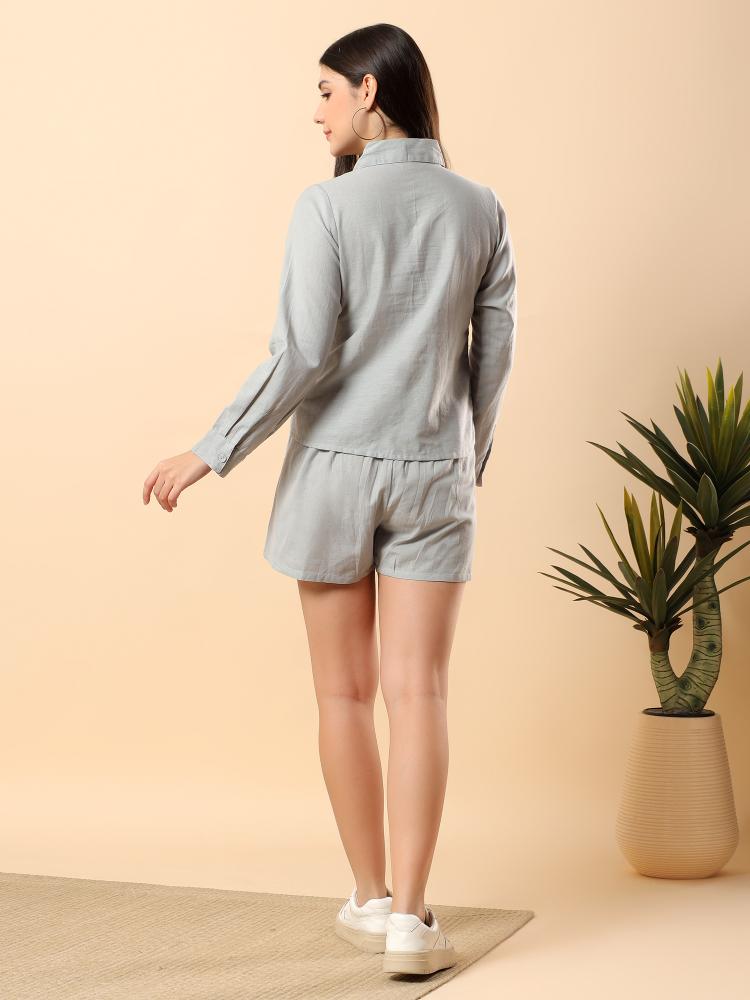 Women Grey Plain Cotton Shirt  Shorts set