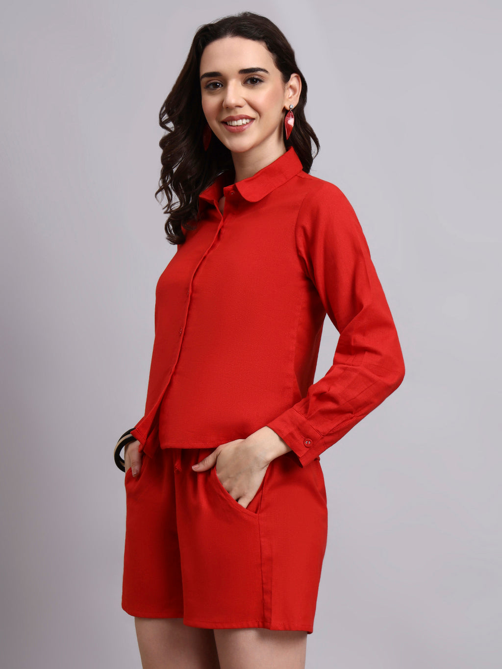 Women Red Plain Cotton Shirt & Shorts