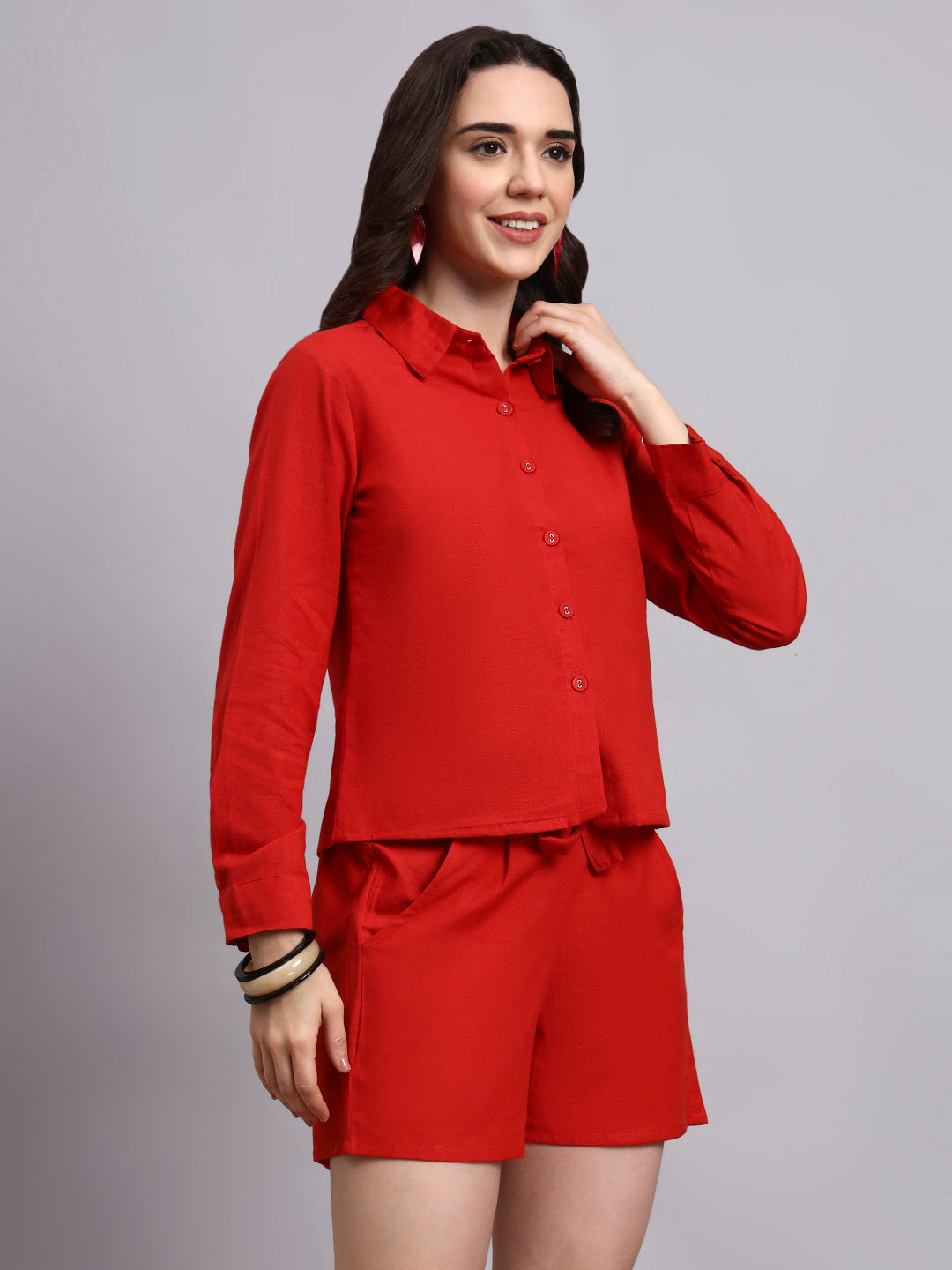 Women Red Plain Cotton Shirt & Shorts