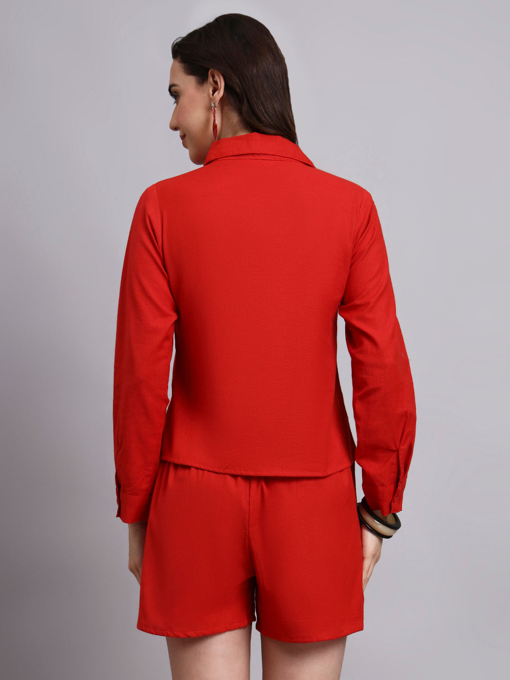 Women Red Plain Cotton Shirt & Shorts