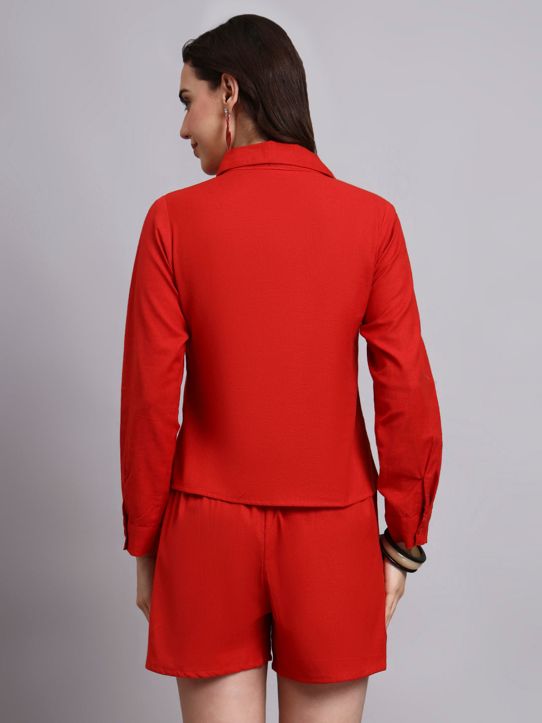 Women Red Plain Cotton Shirt & Shorts