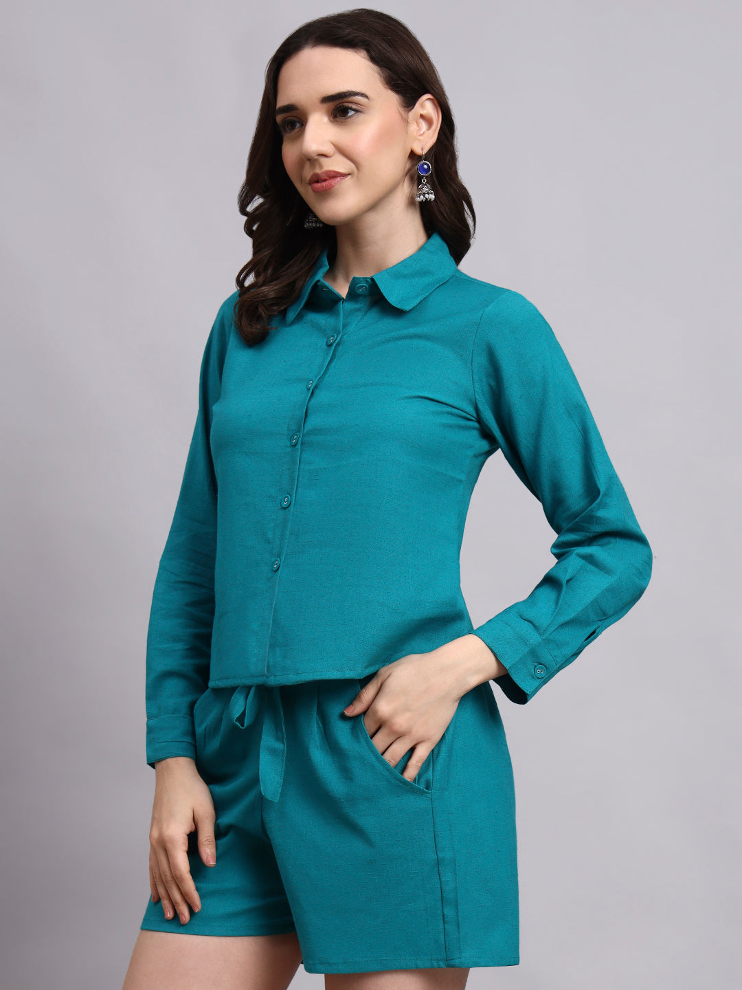 Women Turquoise Plain Cotton Shirt & Shorts
