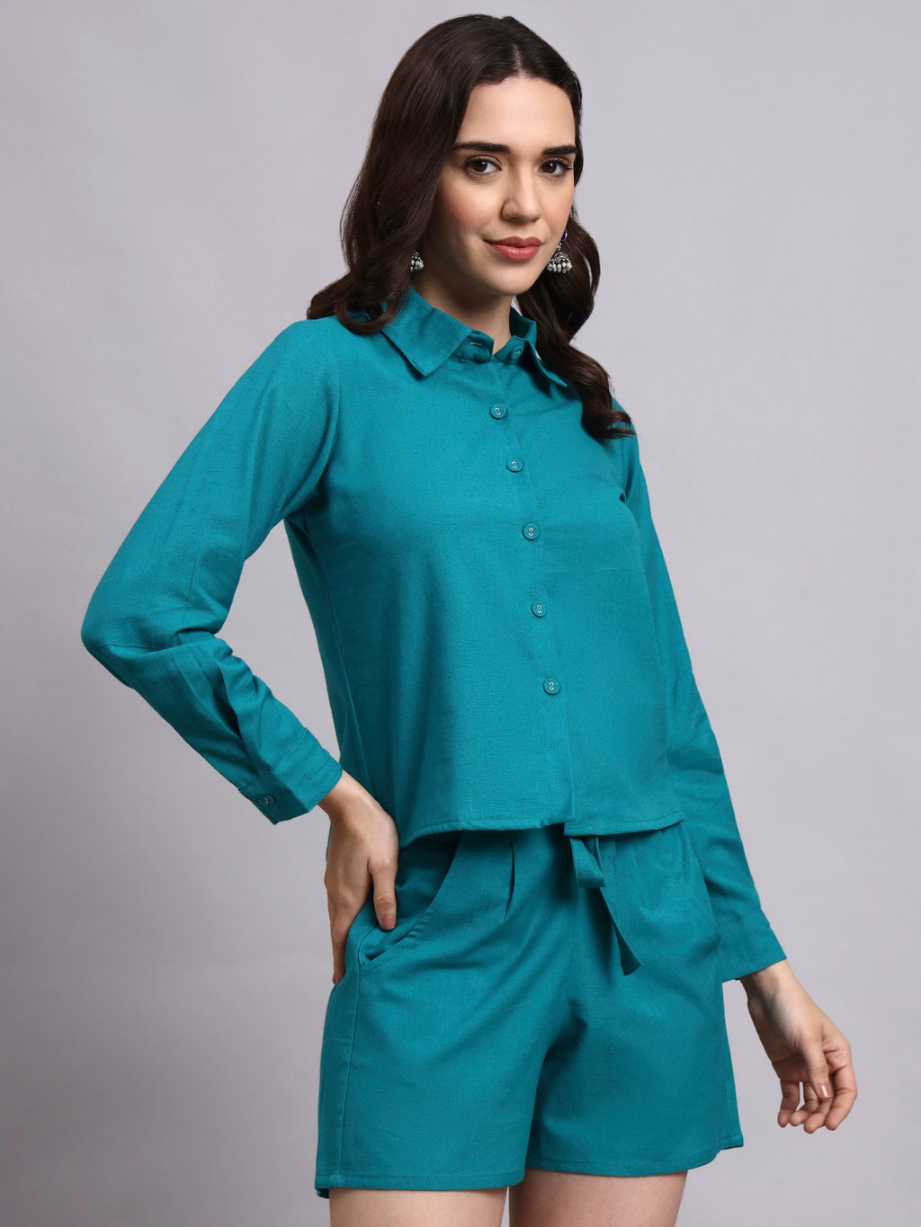 Women Turquoise Plain Cotton Shirt & Shorts
