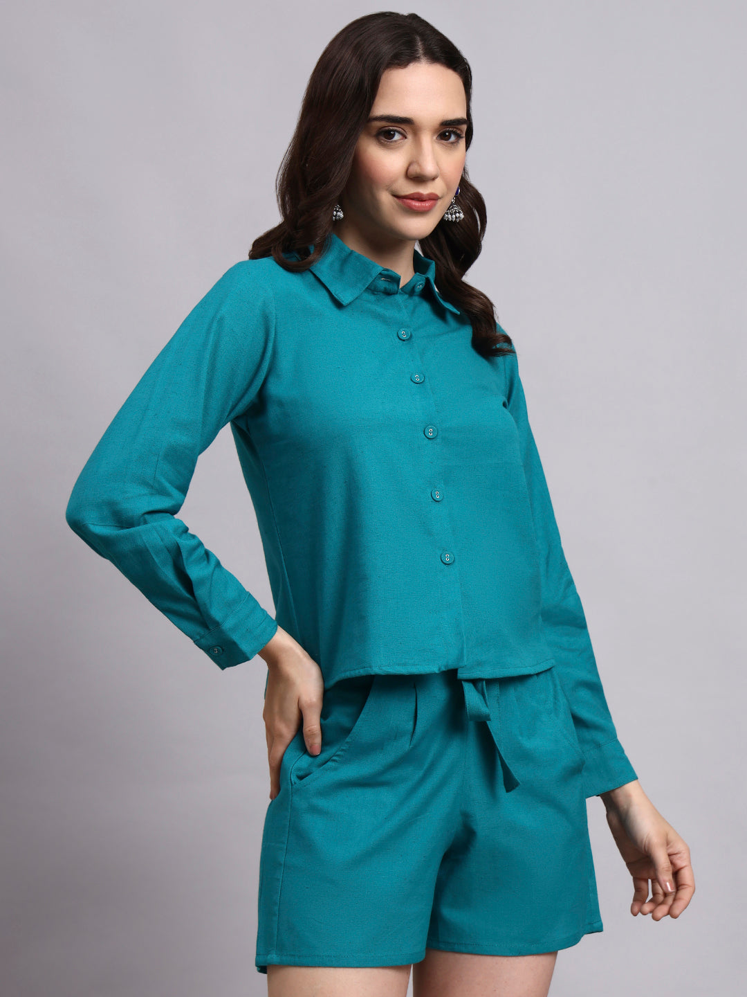 Women Turquoise Plain Cotton Shirt & Shorts