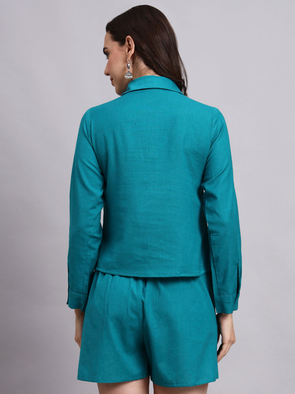 Women Turquoise Plain Cotton Shirt & Shorts