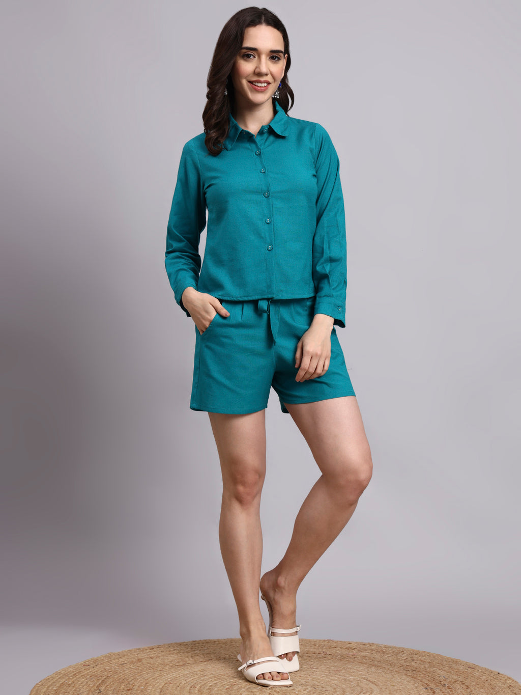 Women Turquoise Plain Cotton Shirt & Shorts