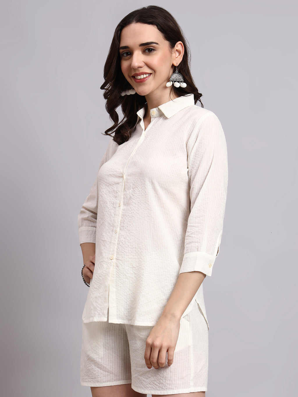 Women Cream Plain Cotton Shirt & Shorts