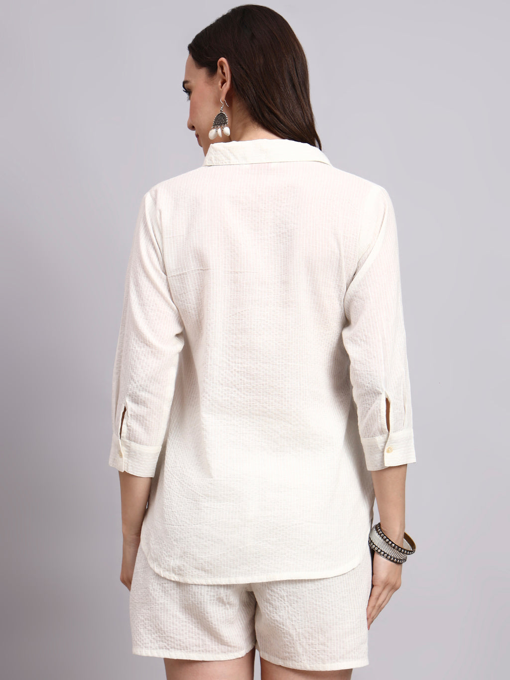 Women Cream Plain Cotton Shirt & Shorts
