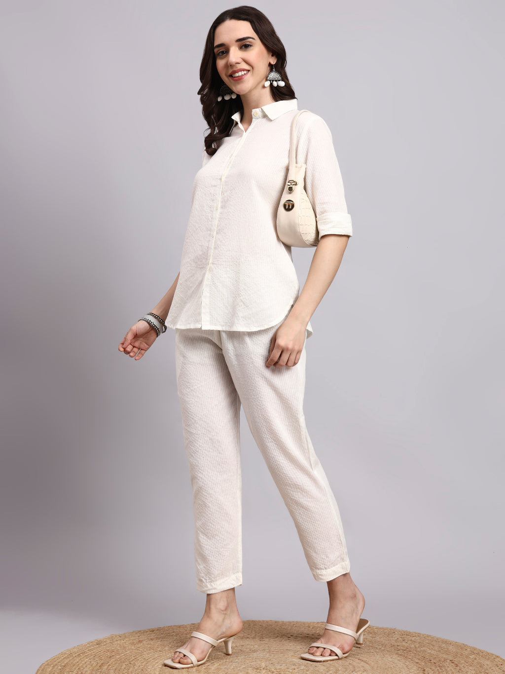 Women Cream Plain Cotton Shirt & Pant set