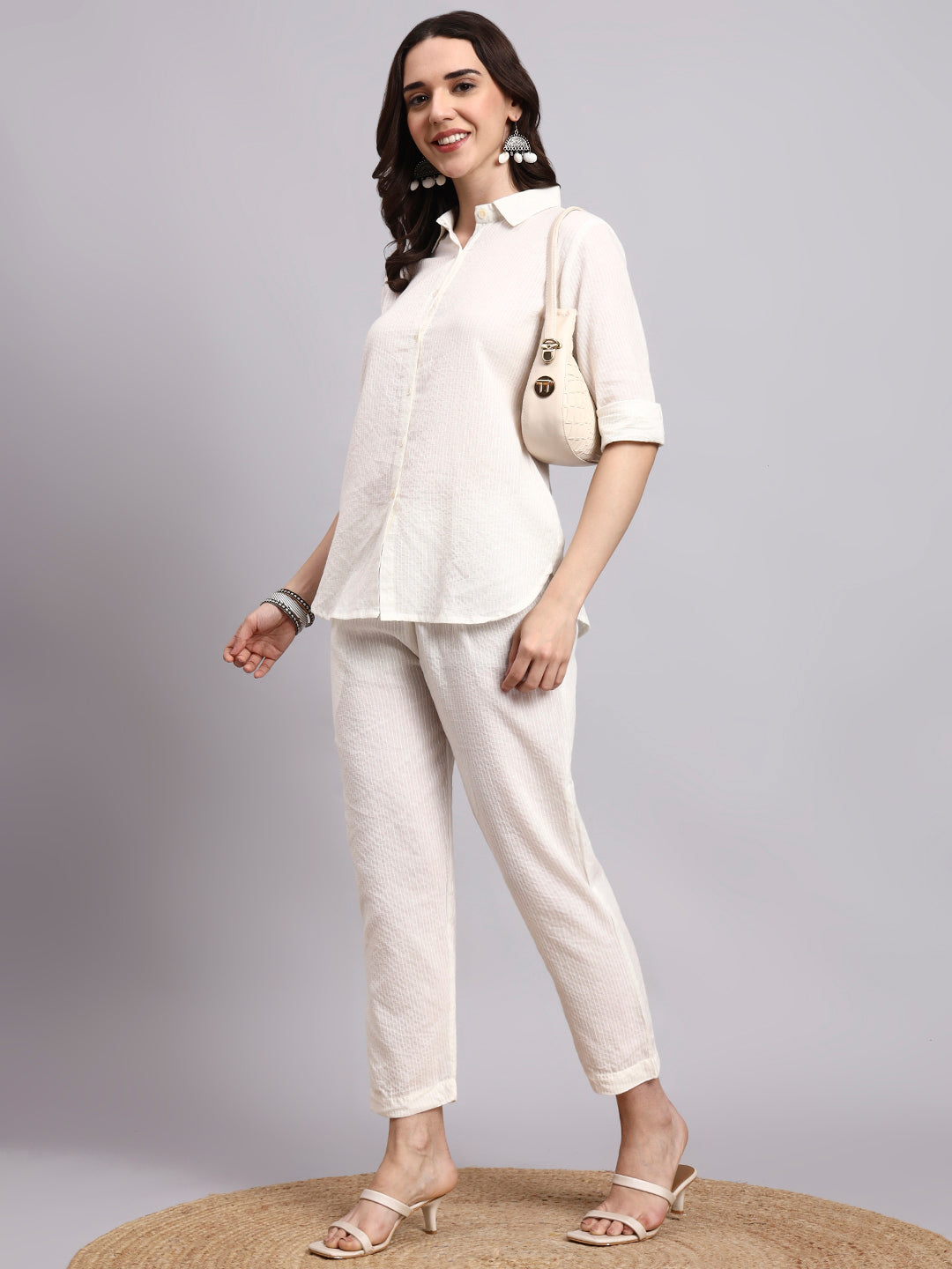 Women Cream Plain Cotton Shirt & Pant set