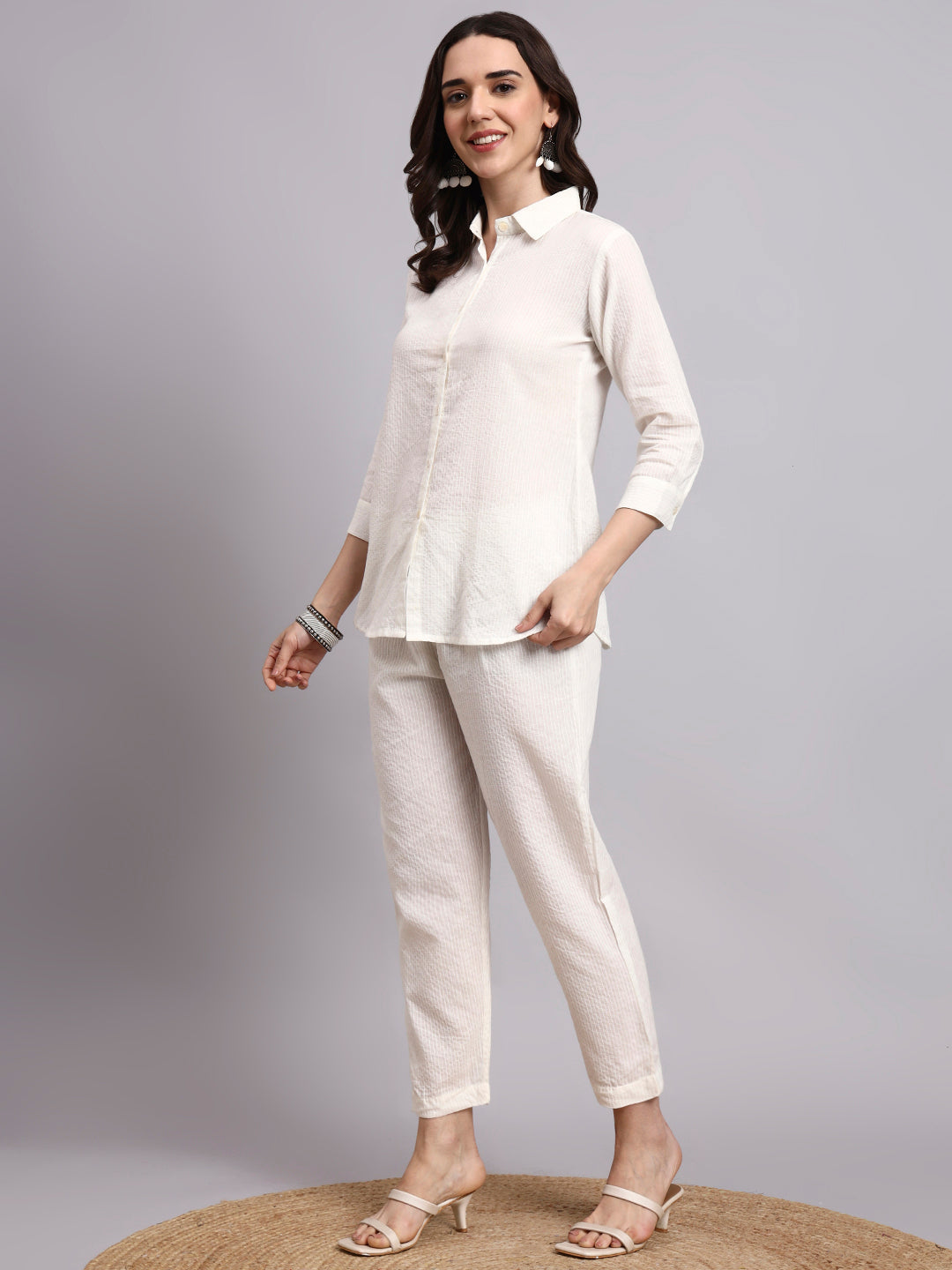 Women Cream Plain Cotton Shirt & Pant set