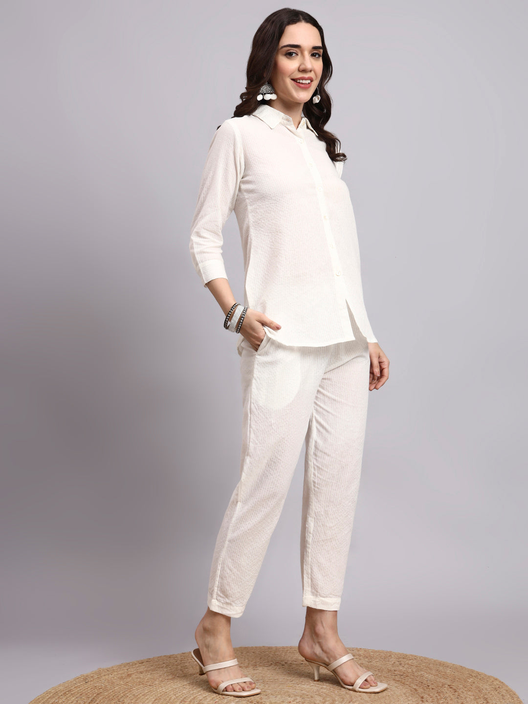 Women Cream Plain Cotton Shirt & Pant set