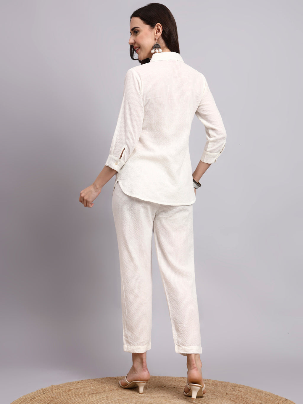 Women Cream Plain Cotton Shirt & Pant set