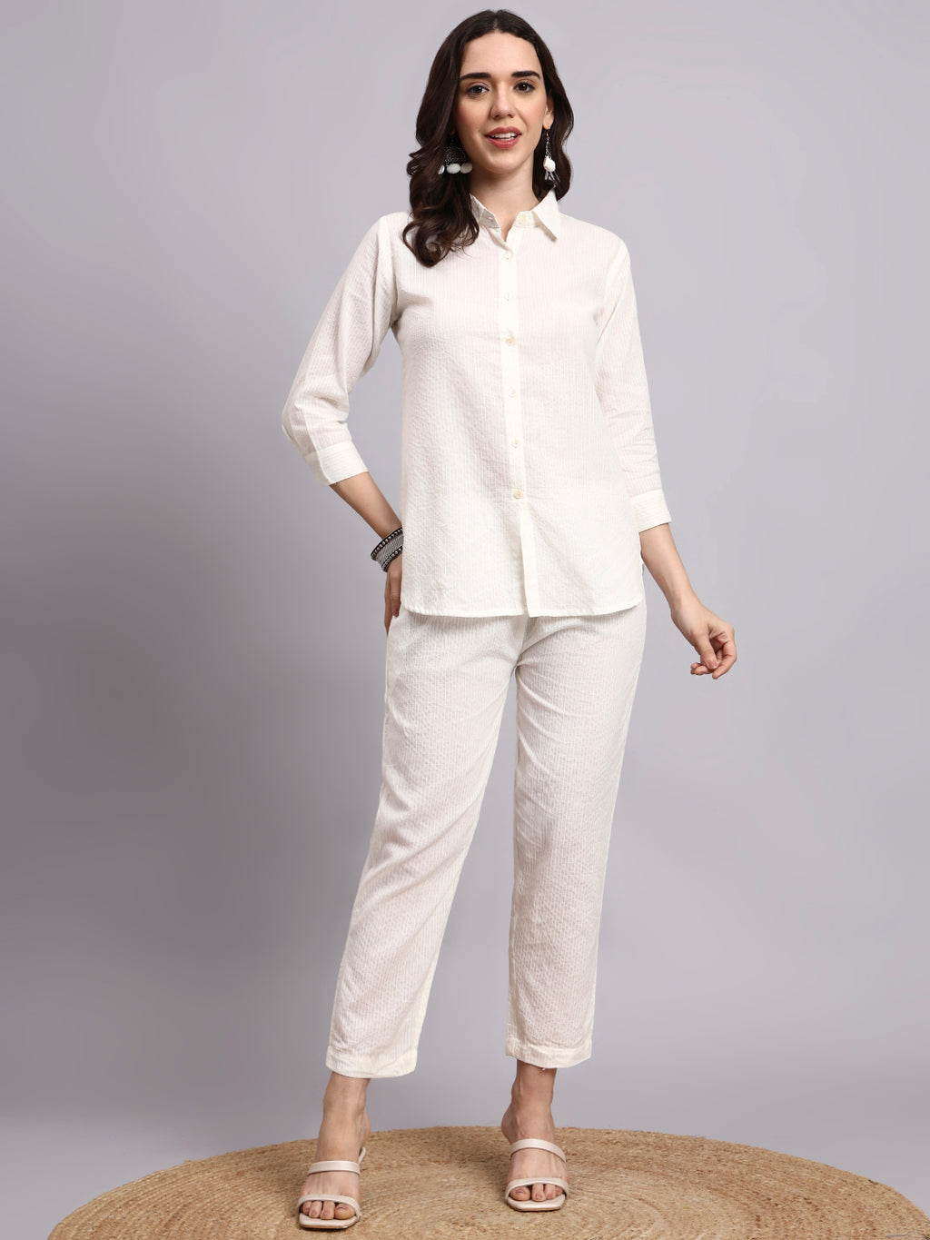 Women Cream Plain Cotton Shirt & Pant set