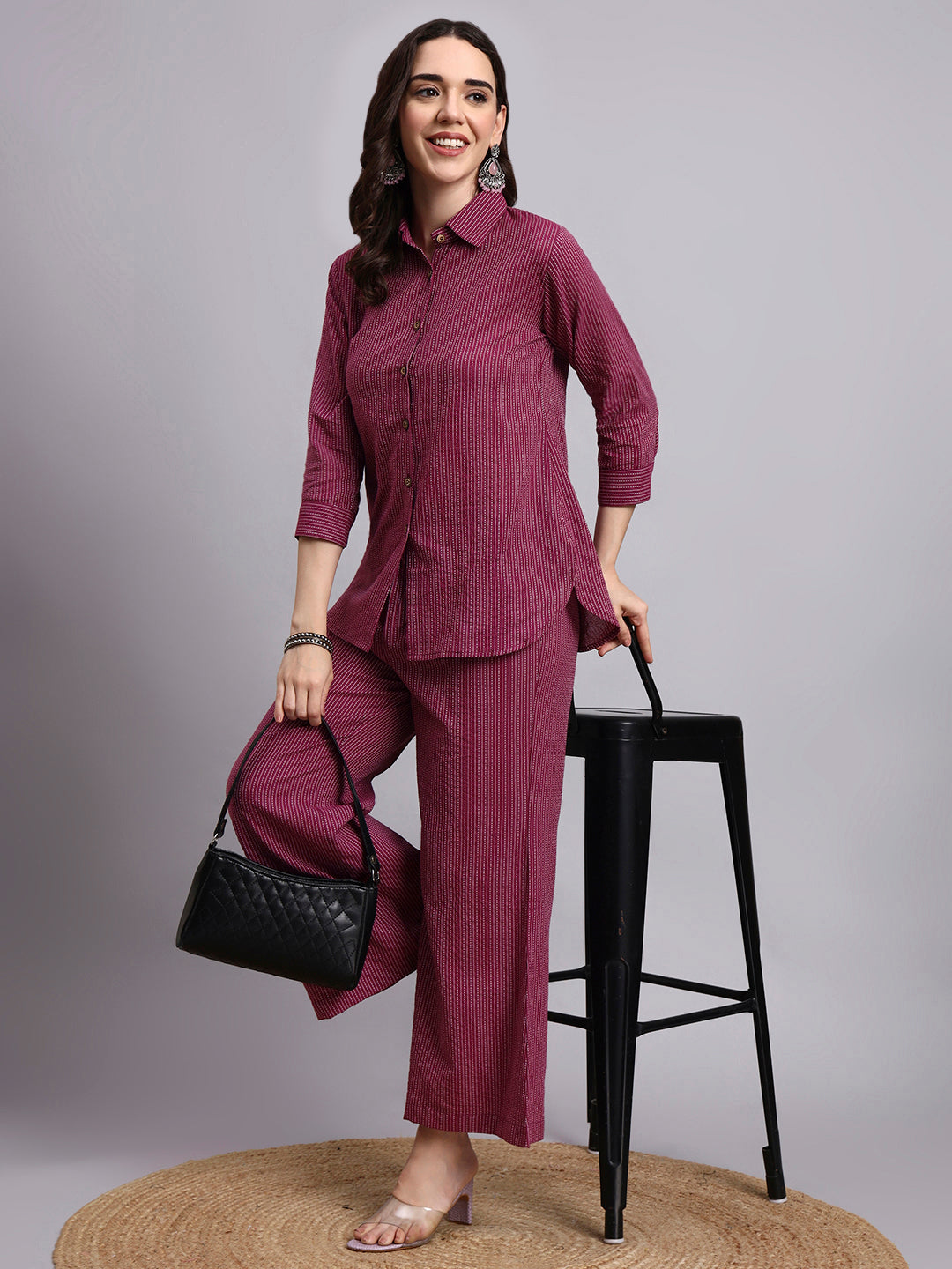 Women Purple Plain Cotton Shirt & Pant set