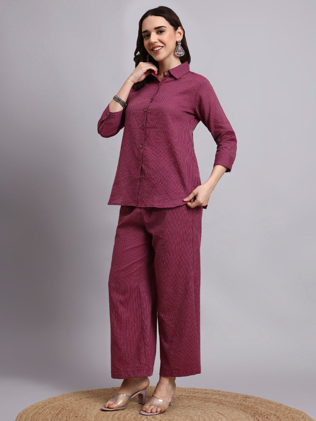 Women Purple Plain Cotton Shirt & Pant set