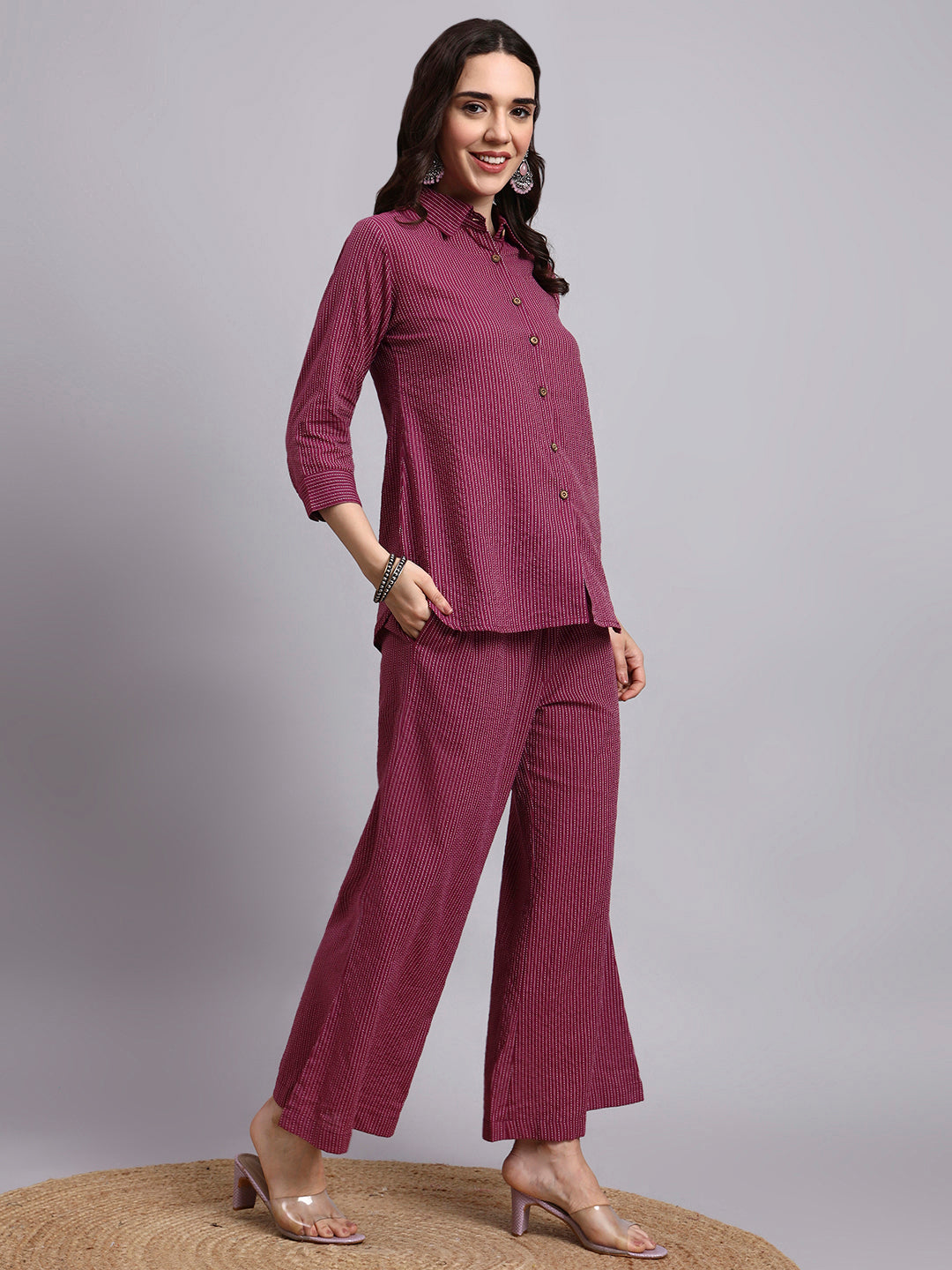 Women Purple Plain Cotton Shirt & Pant set