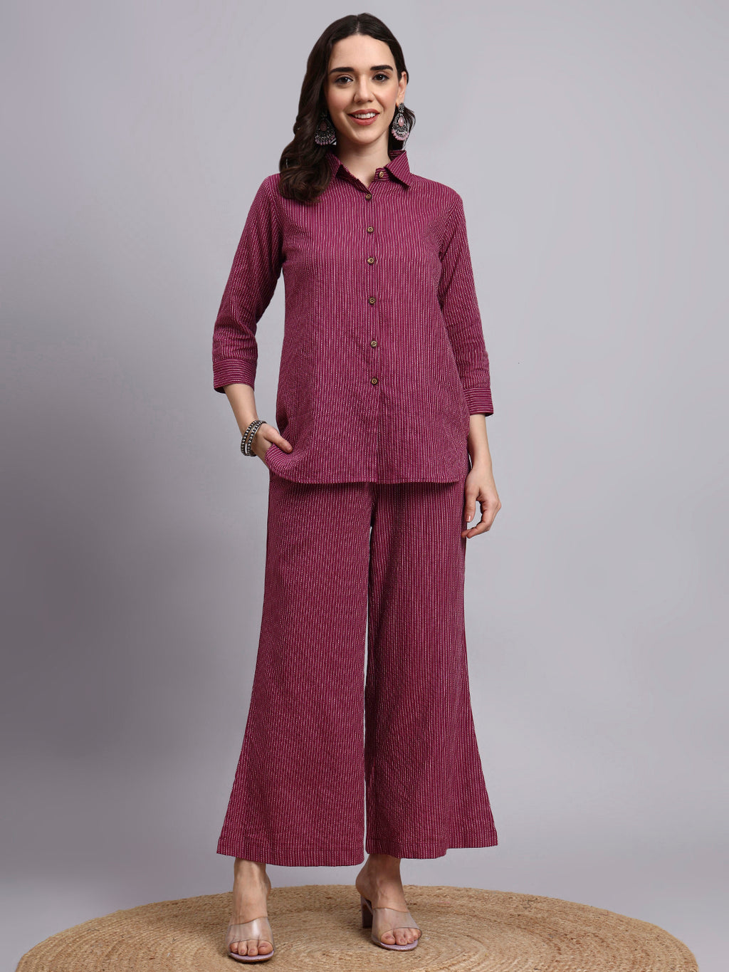 Women Purple Plain Cotton Shirt & Pant set