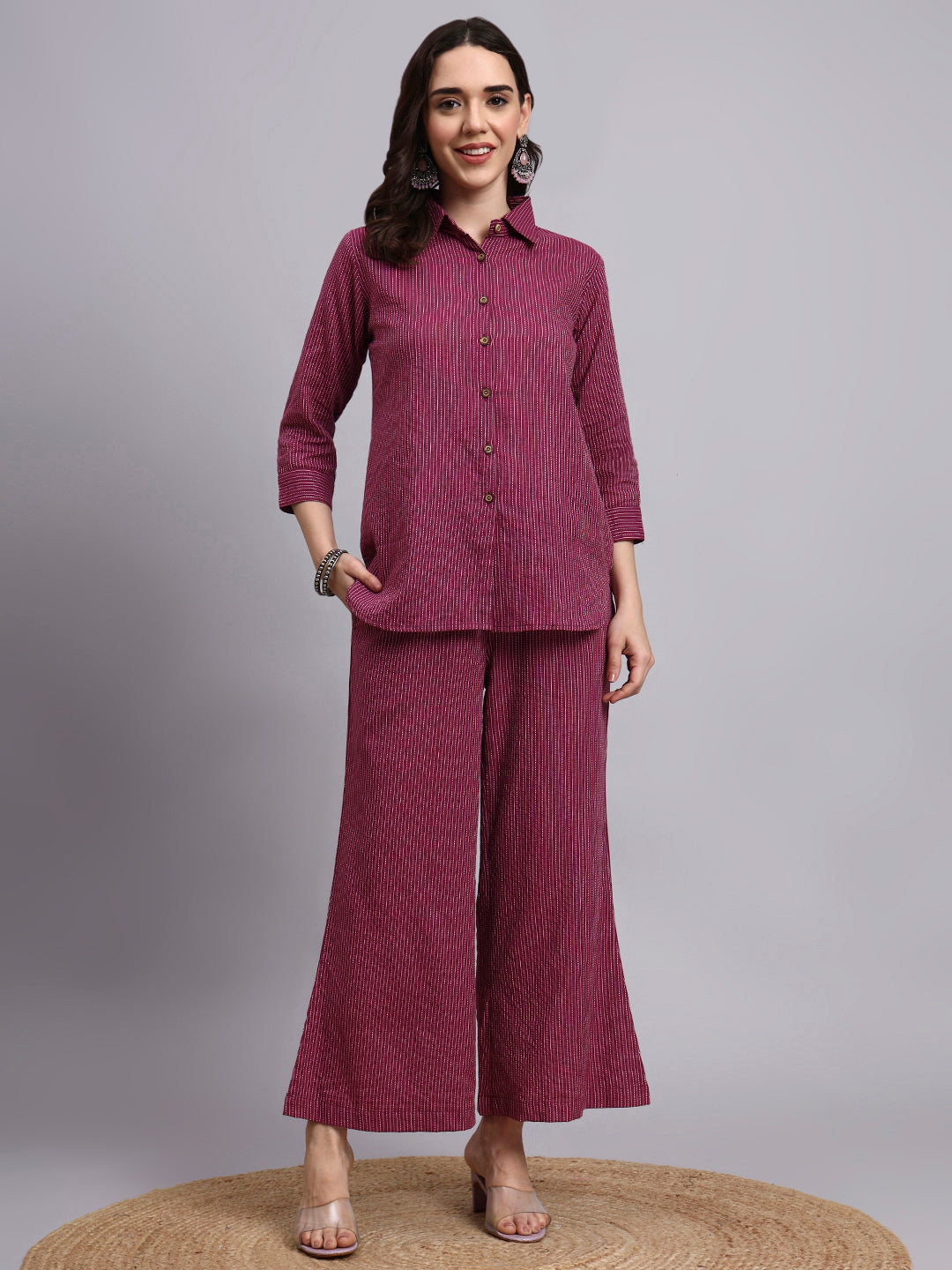 Women Purple Plain Cotton Shirt & Pant set