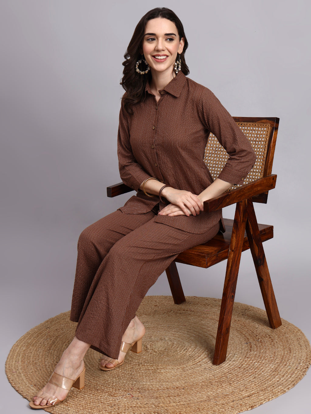 Women Brown Plain Cotton Shirt & Pant set
