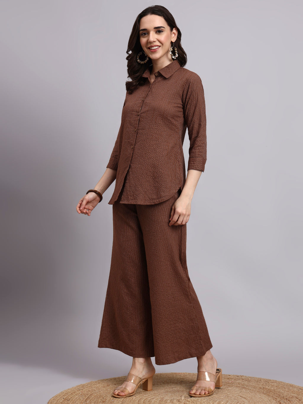 Women Brown Plain Cotton Shirt & Pant set