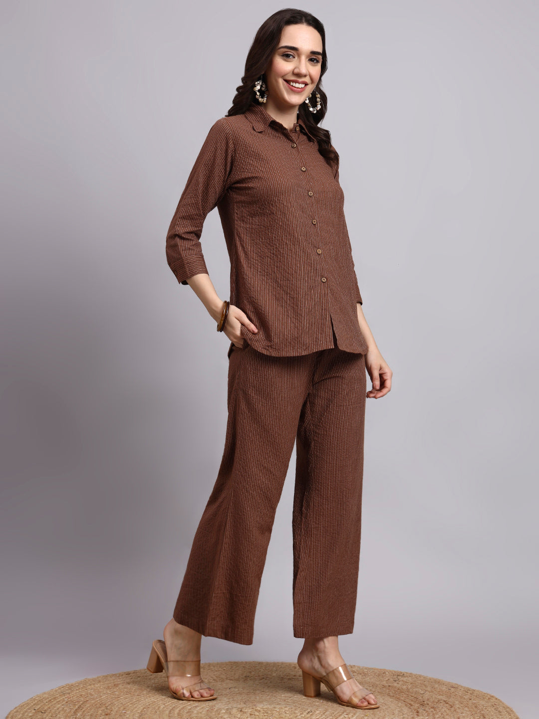 Women Brown Plain Cotton Shirt & Pant set