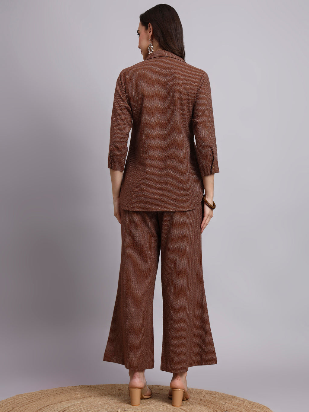 Women Brown Plain Cotton Shirt & Pant set